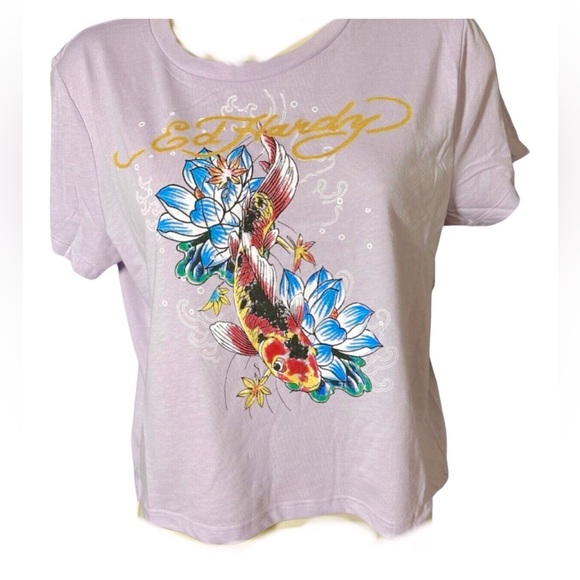 Ed Hardy lavender lilac Koi Fish graphic‎ print Crop tshirt size large new - Picture 2 of 3